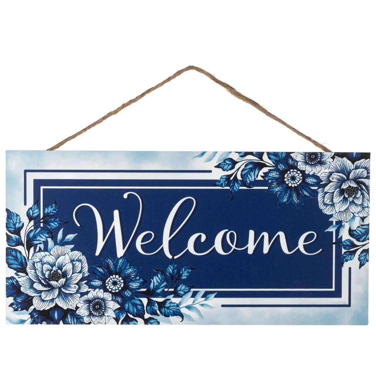 12" Welcome Blue Floral MDF Wood Sign