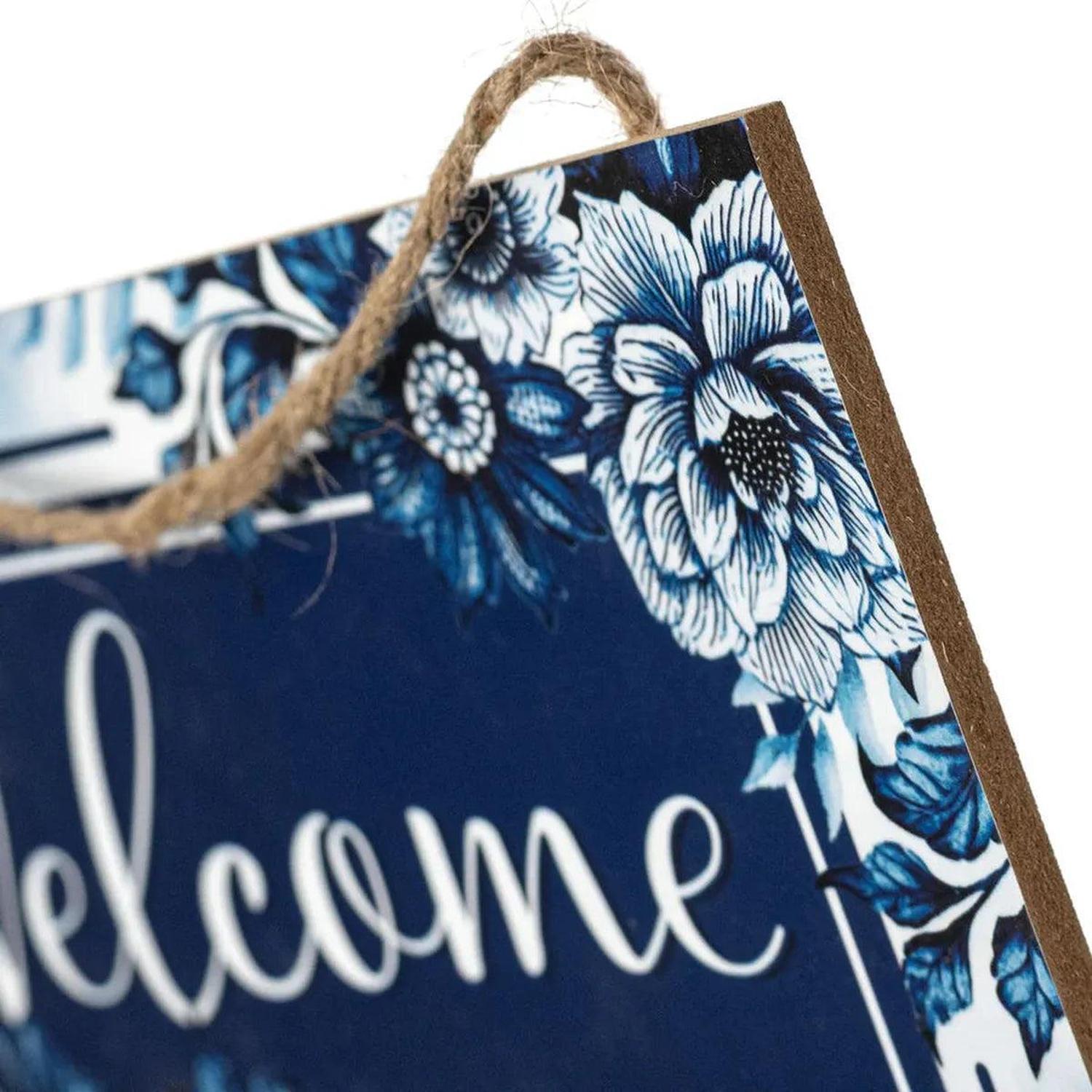 12" Welcome Blue Floral MDF Wood Sign