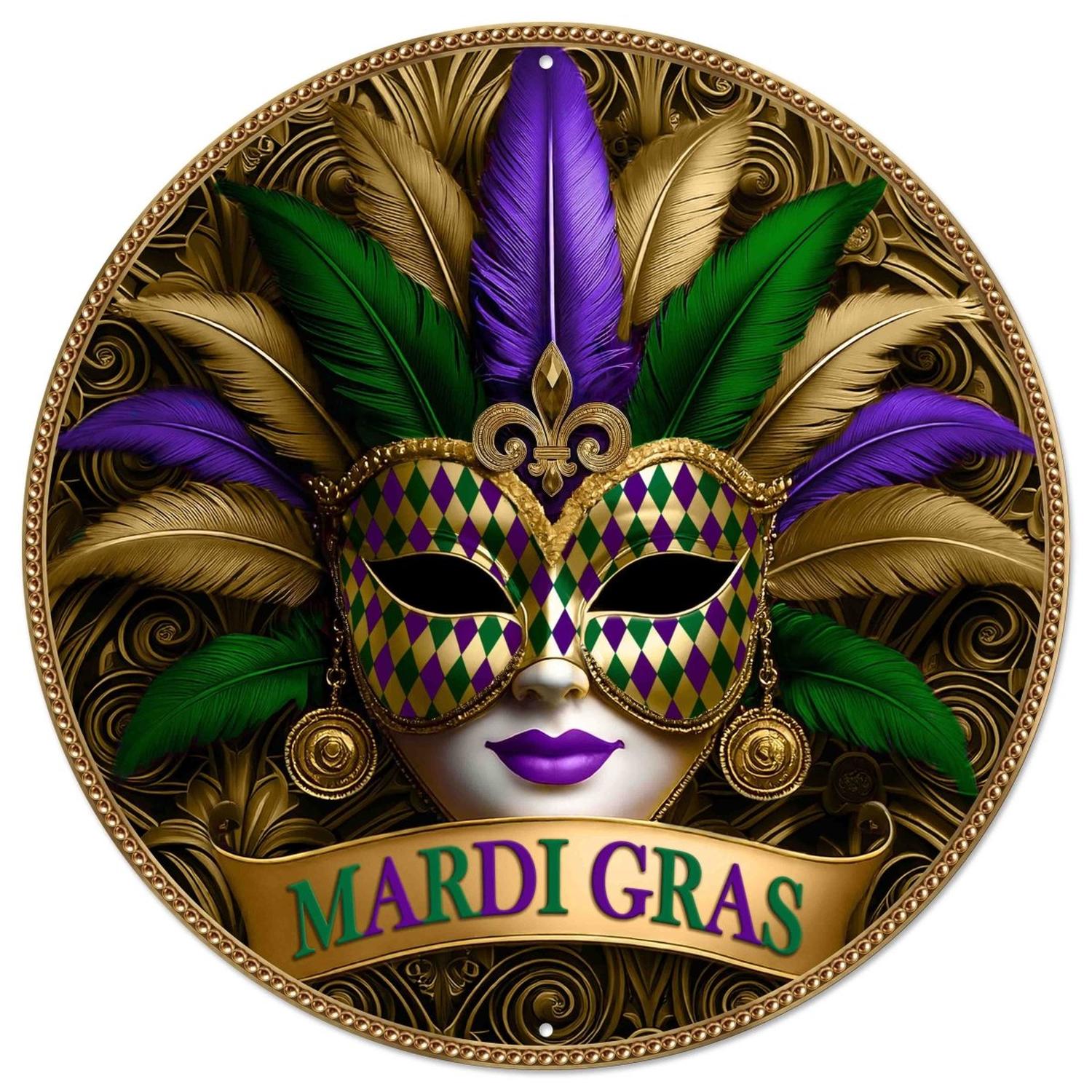 12in Metal Round Sign: Mardi Gras Gilded Mask