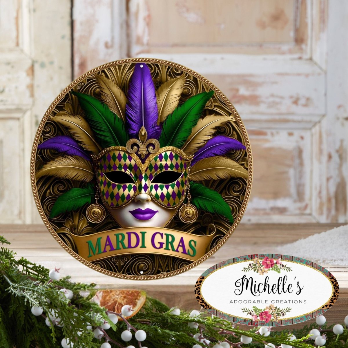 Shop For 12in Metal Round Sign: Mardi Gras Gilded Mask