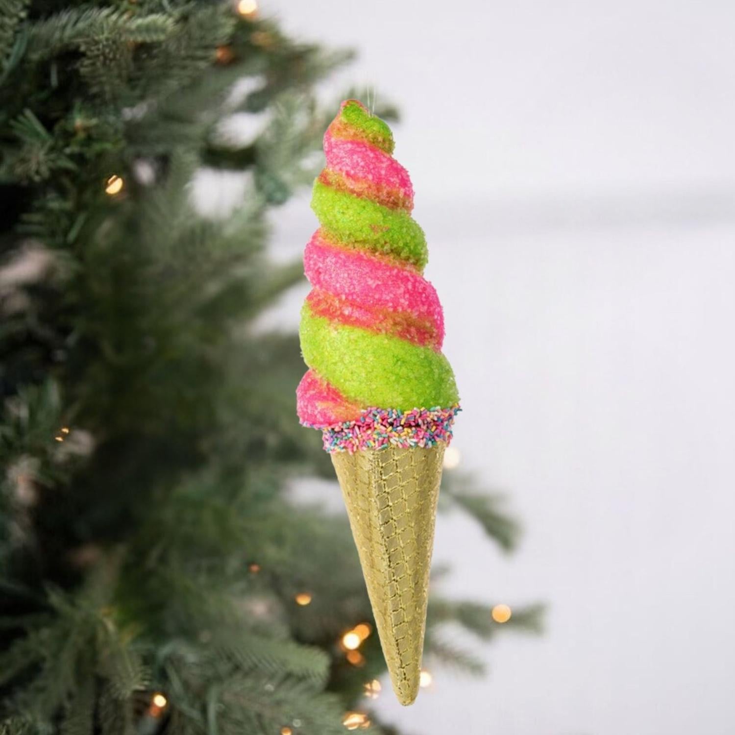 14" Swirl Ice Cream Cone Ornament: Pink/Lime Green
