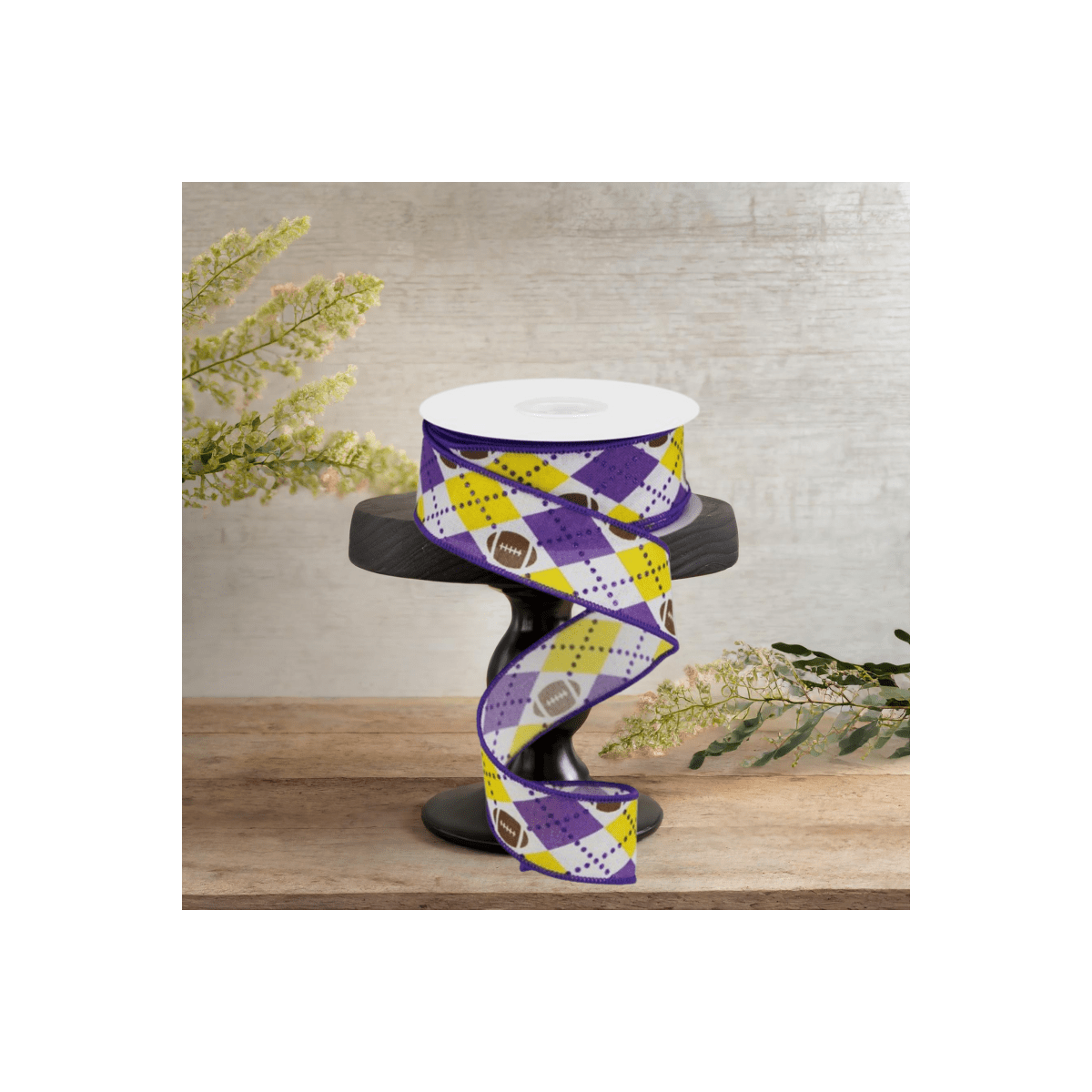 Shop For 1.5" Argyle Footballs Ribbon: Yellow & Purple (10 Yards)