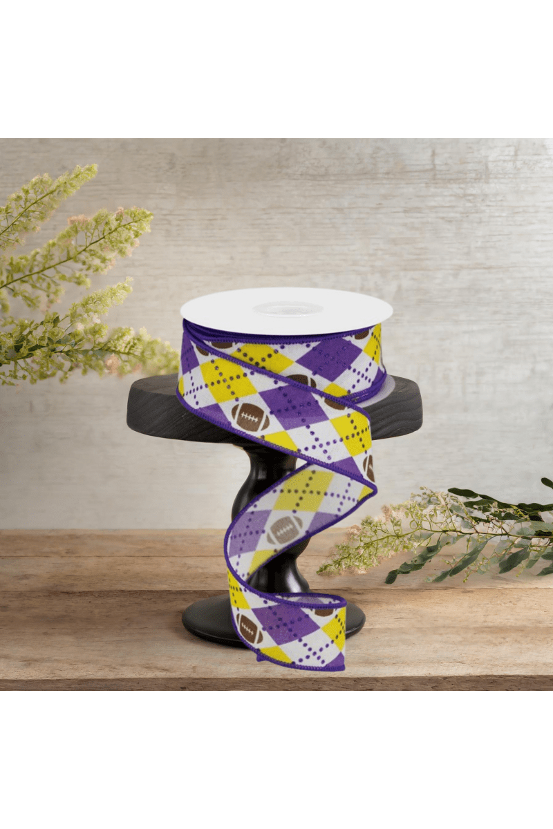 Shop For 1.5" Argyle Footballs Ribbon: Yellow & Purple (10 Yards)