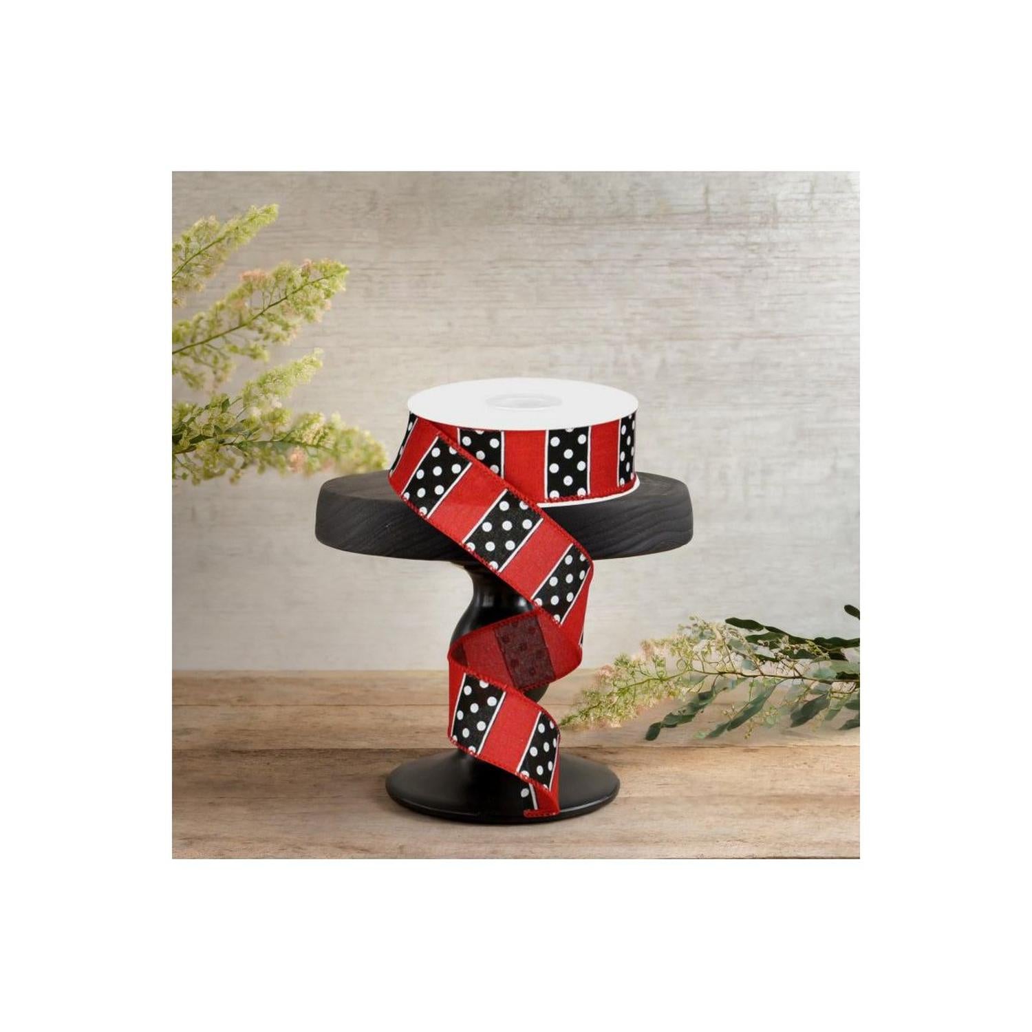 Shop For 1.5" B & W Polka Dot Stripes Ribbon: Red (10 Yards)