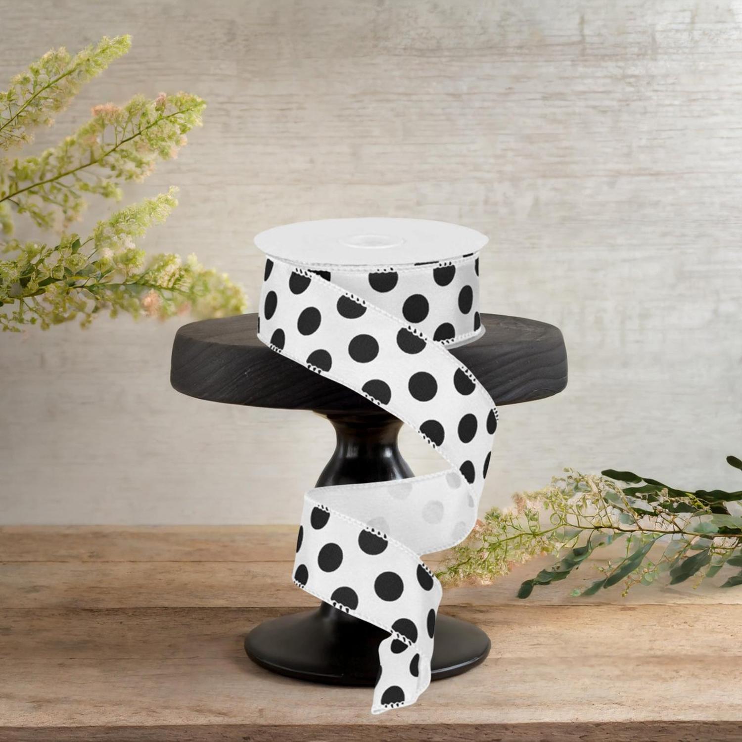 1.5" Big Polka Dot Ribbon: White & Black (10 Yards)