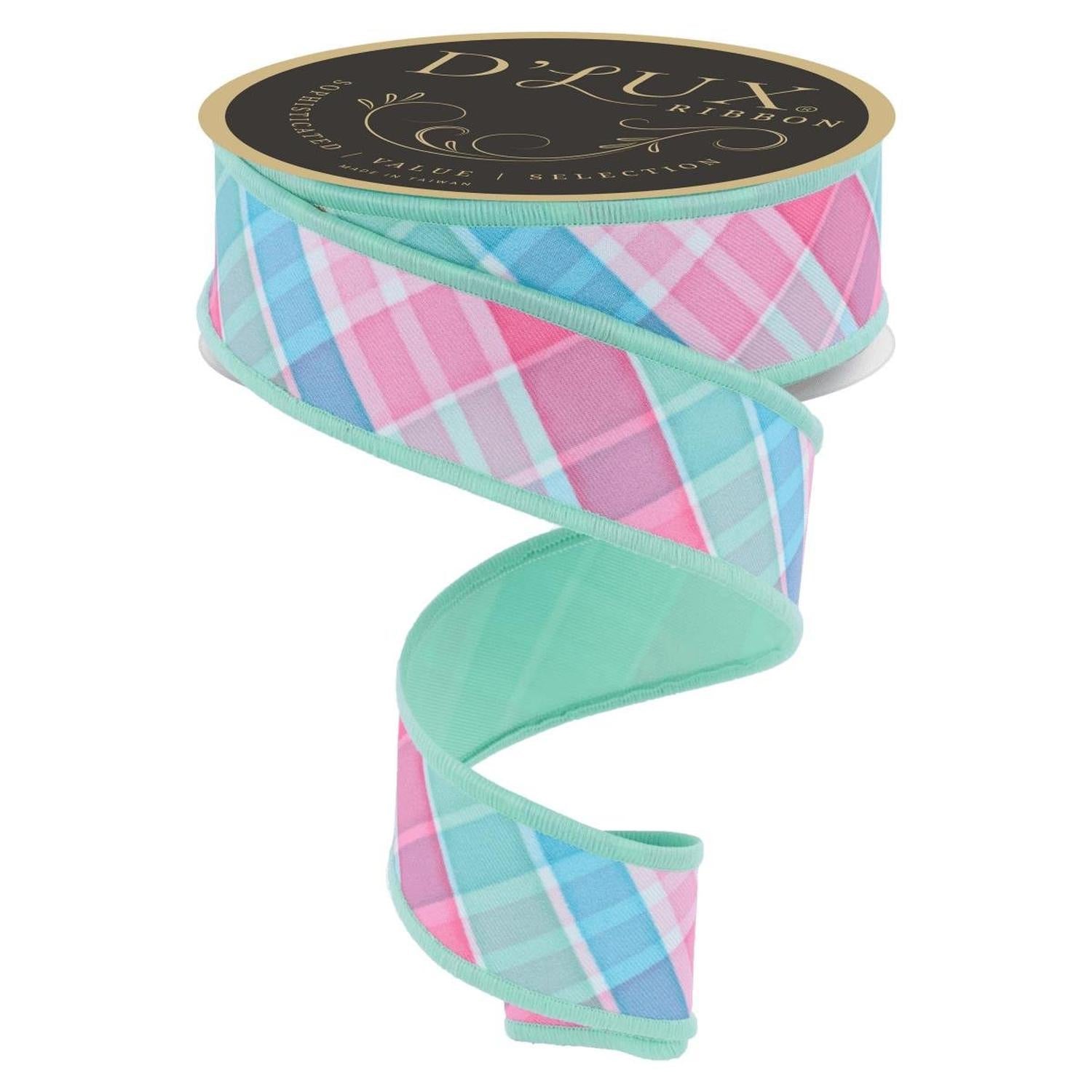 1.5" Bold Plaid Fused Ribbon: Light Teal (10 Yards)