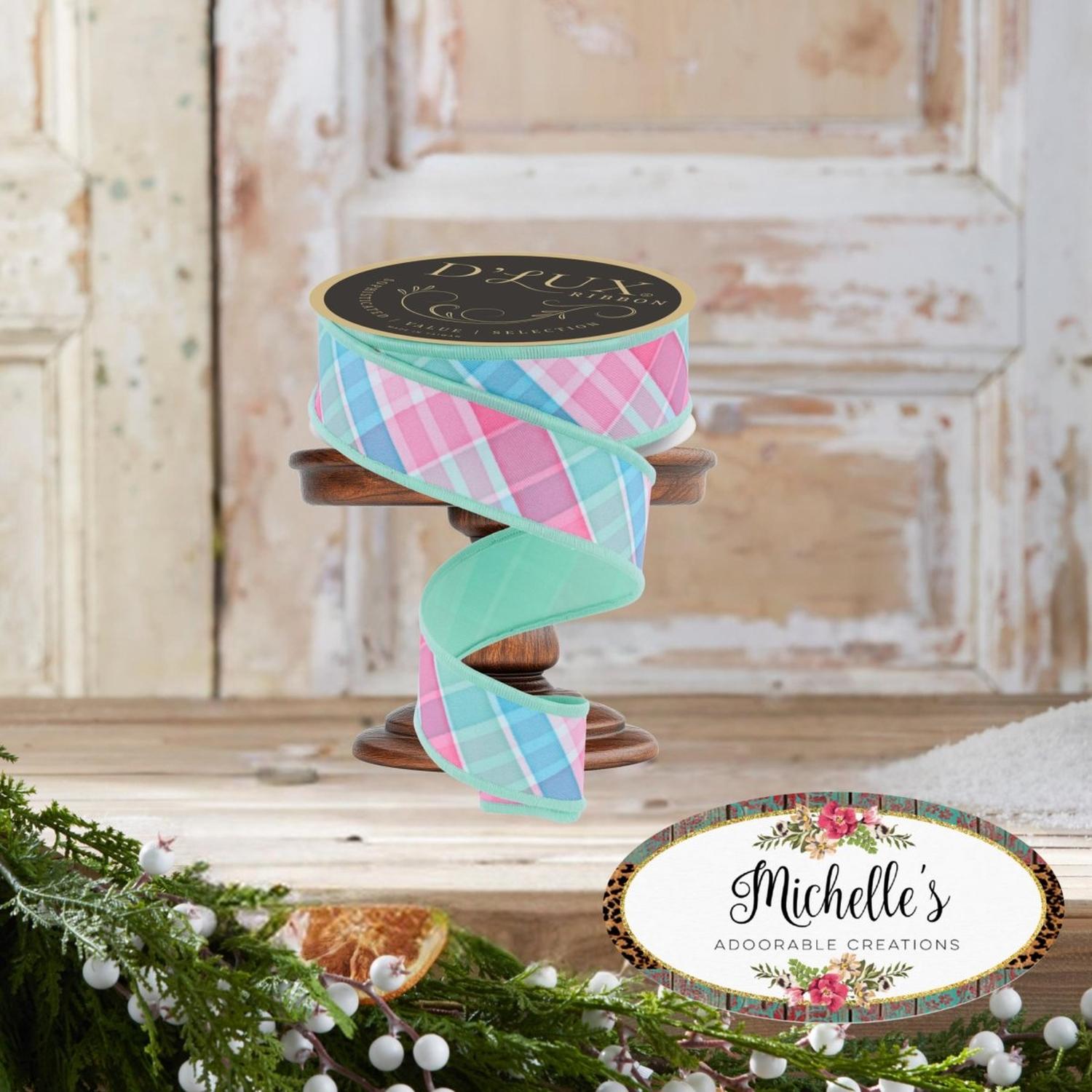 1.5" Bold Plaid Fused Ribbon: Light Teal (10 Yards)