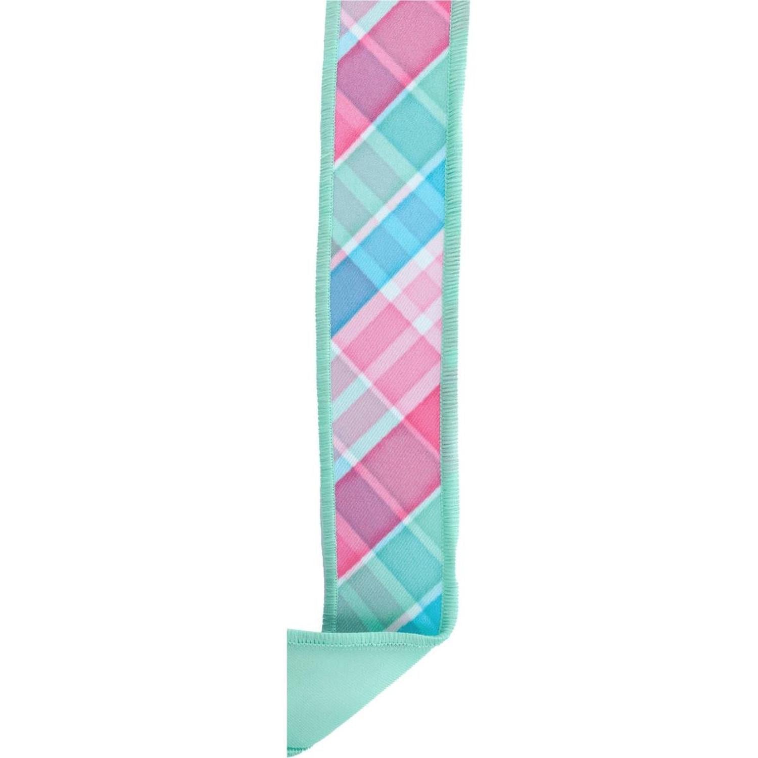 1.5" Bold Plaid Fused Ribbon: Light Teal (10 Yards)