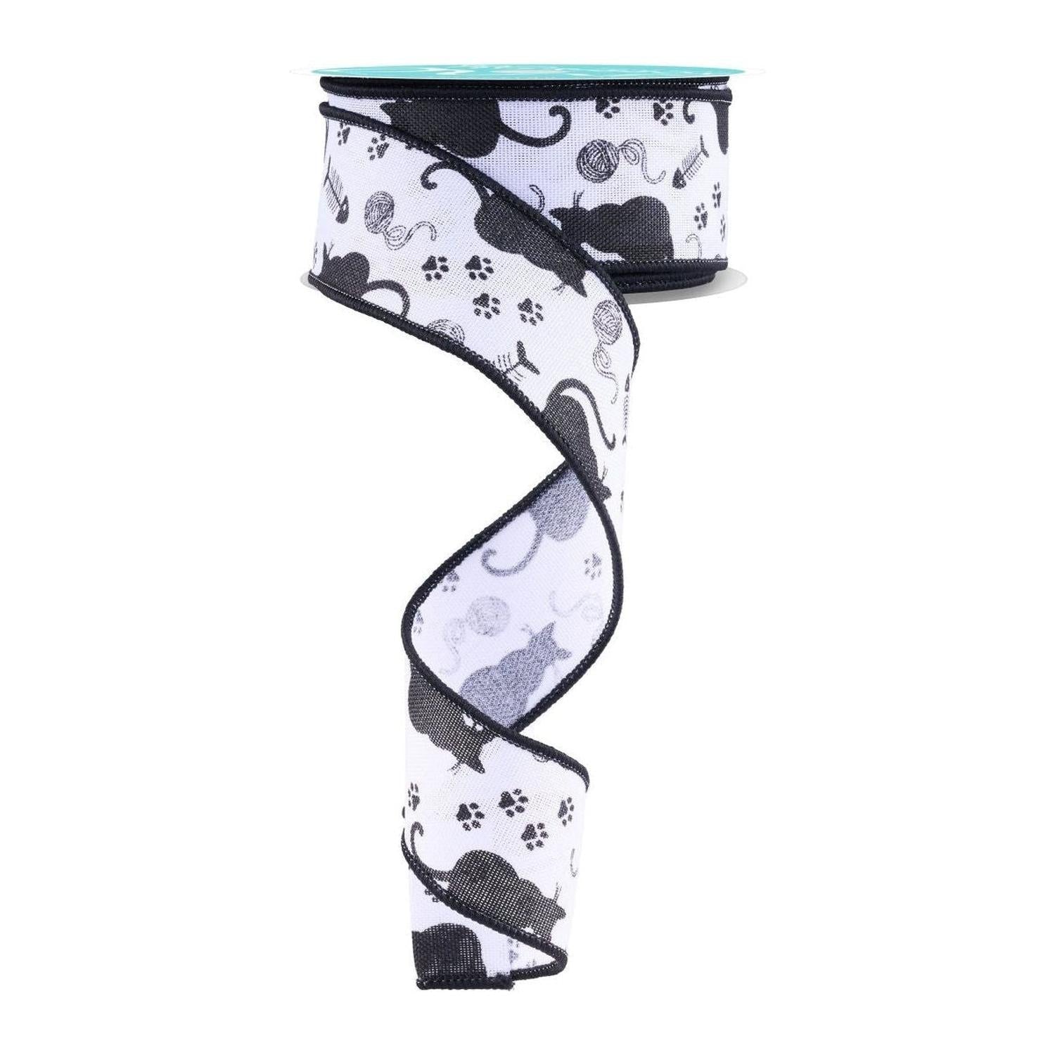 1.5" Cat Silhouettes Ribbon: White & Black (10 Yards)