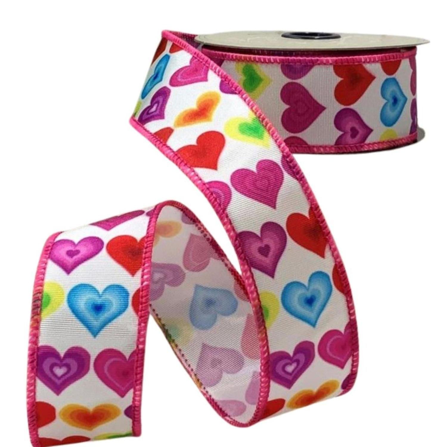 1.5" Colorful Hearts Ribbon: White (10 Yards)