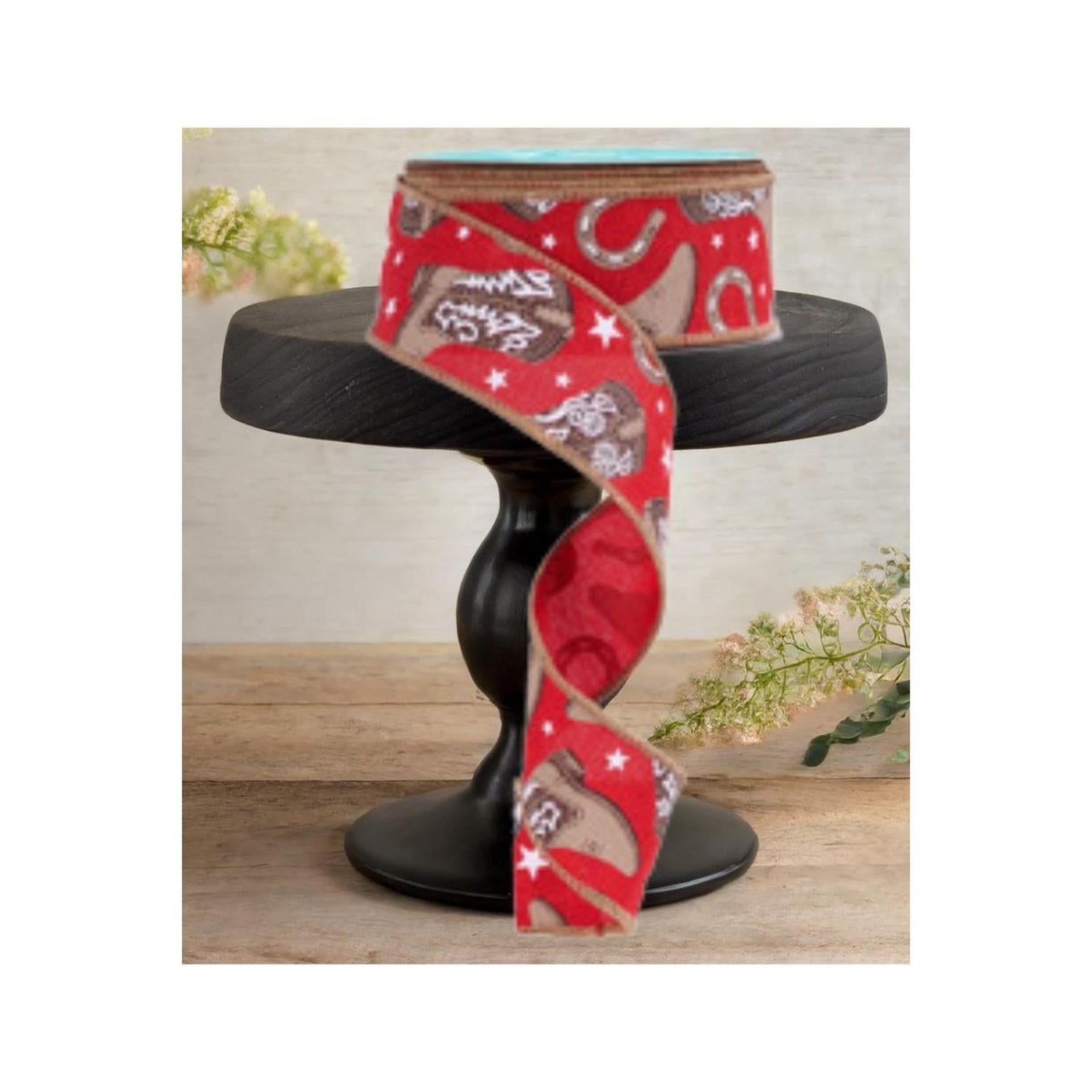 1.5" Cowboy Boots Ribbon: Red (10 Yards)