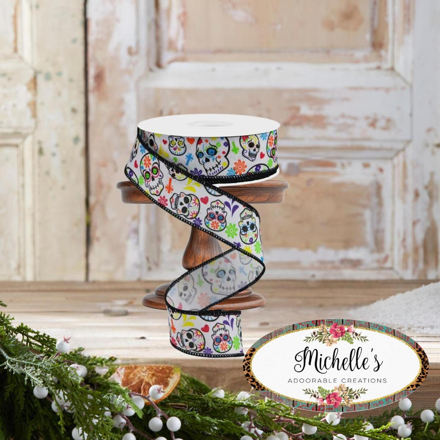 1.5" Day of the Dead Ribbon: White (10 Yards)