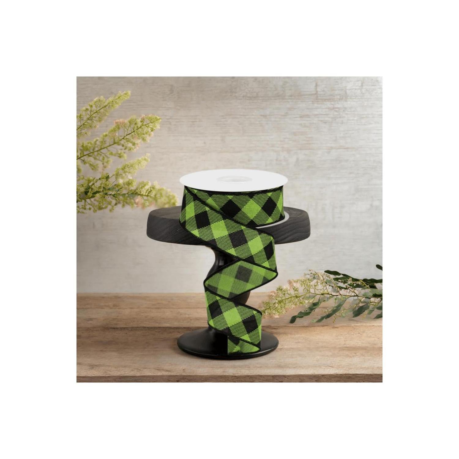 1.5" Diagonal Check On Royal Ribbon: Lime Green (10 Yards)