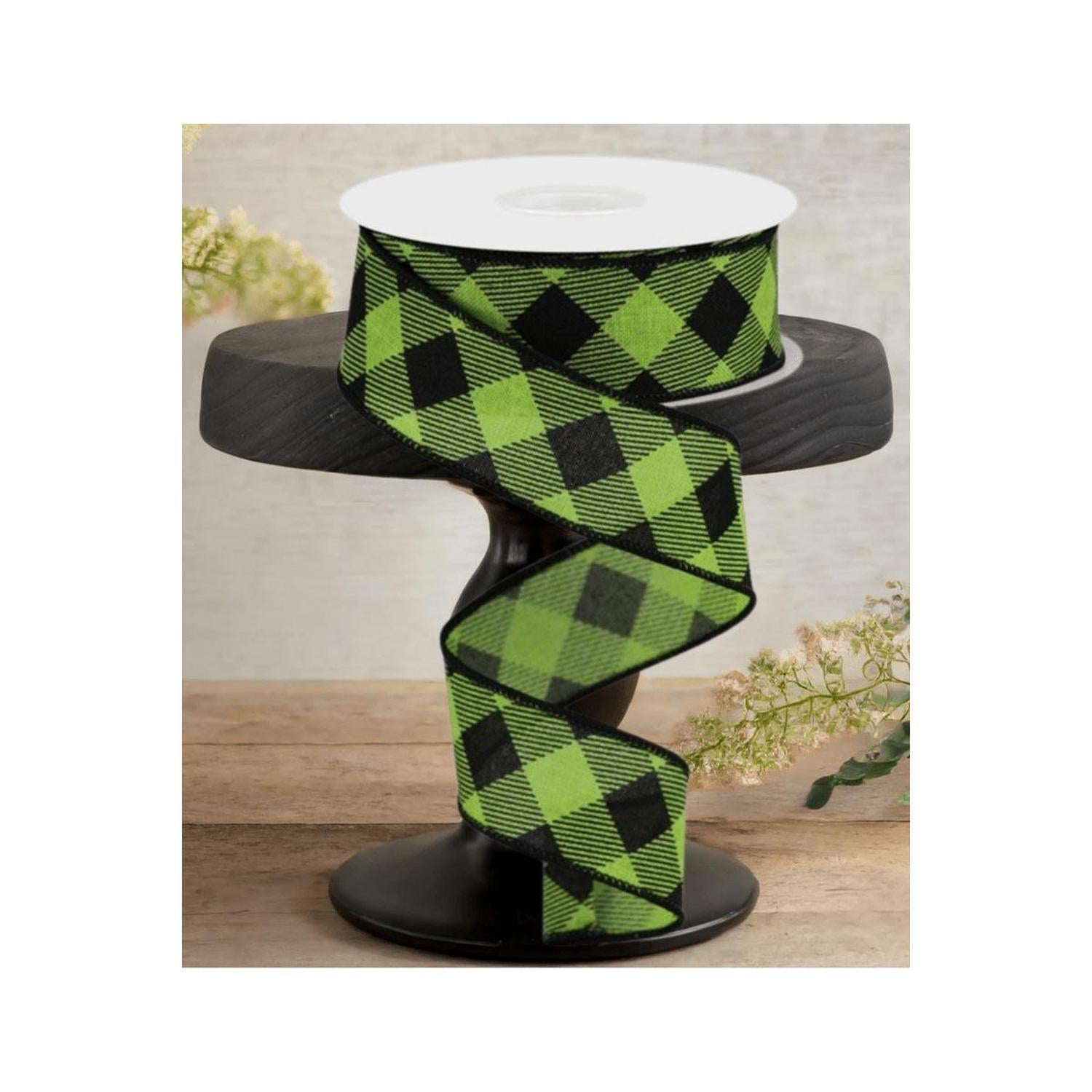 Shop For 1.5" Diagonal Check On Royal Ribbon: Lime Green (10 Yards)