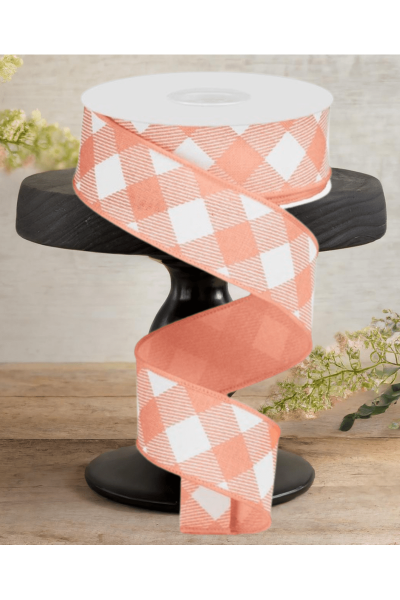 Shop For 1.5" Diagonal Check On Royal Ribbon: Peach & White (10 Yards)