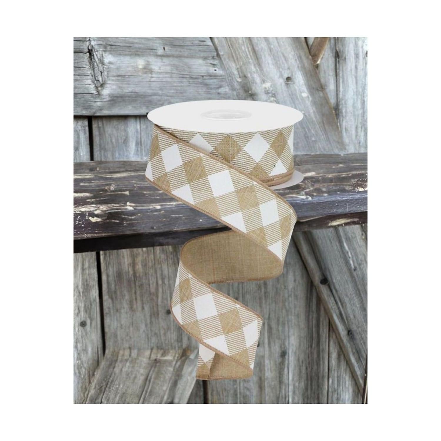 1.5" Diagonal Check On Royal Ribbon: Tan & White (10 Yards)
