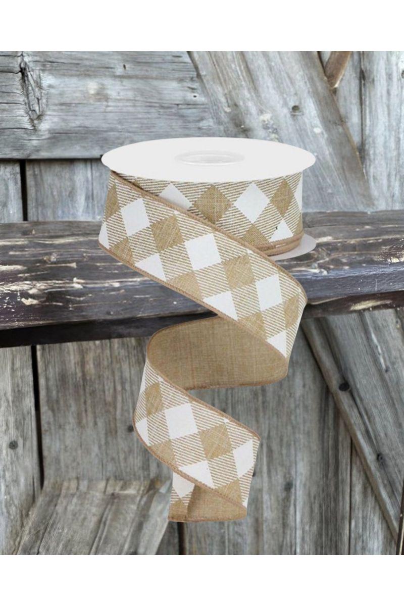 Shop For 1.5" Diagonal Check On Royal Ribbon: Tan & White (10 Yards) at Michelle's aDOORable Creations