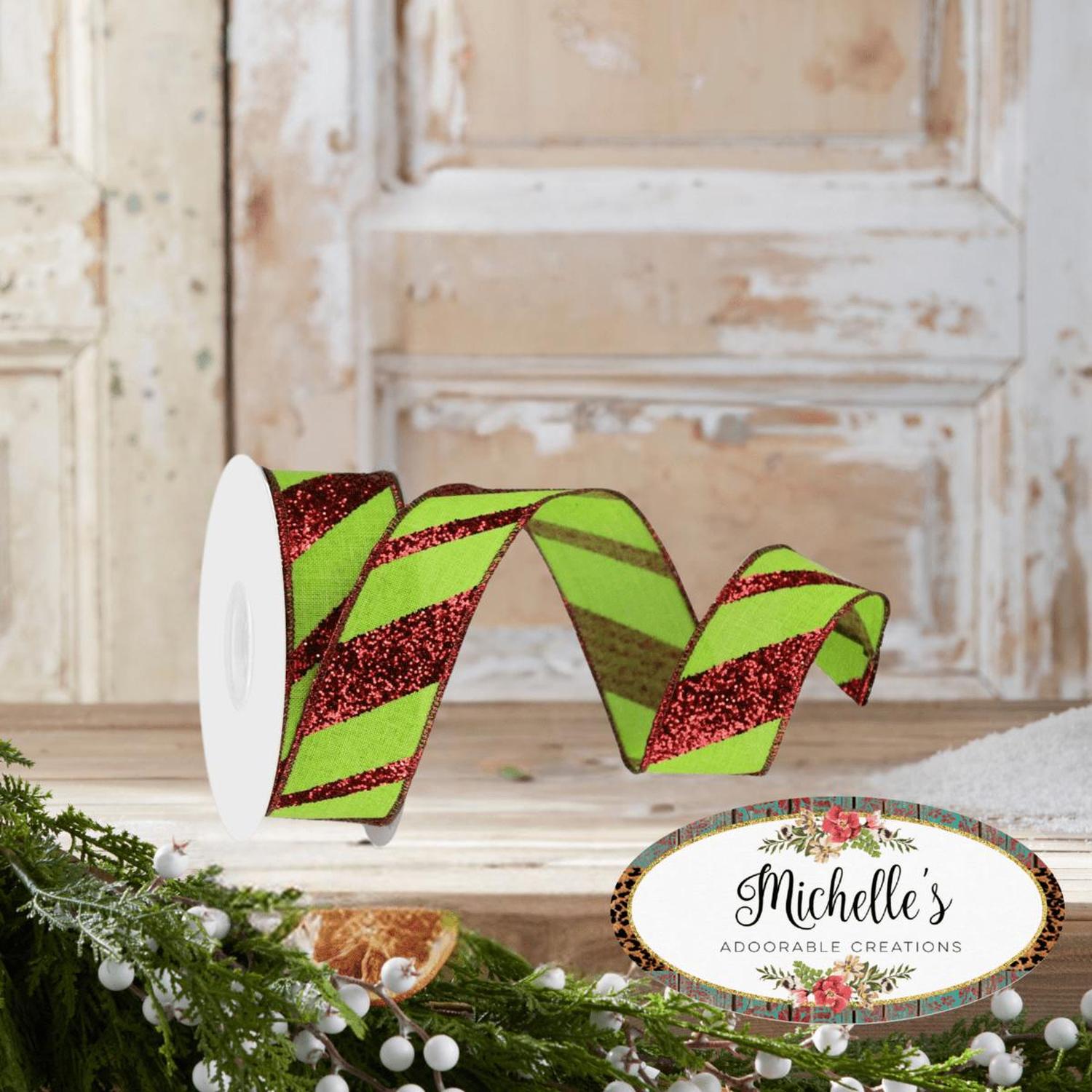 Shop For 1.5" Diagonal Glitter on Royal Ribbon: Lime Green (10 Yards)