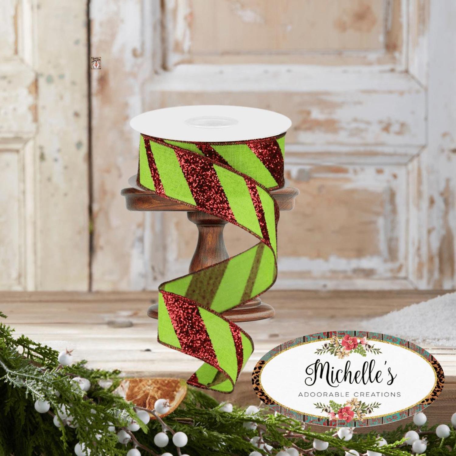 Shop For 1.5" Diagonal Glitter on Royal Ribbon: Lime Green (10 Yards)