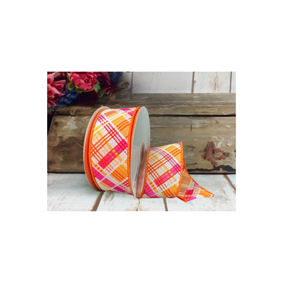 Shop For 1.5" Diagonal Printed Plaid Ribbon: Neon Orange (10 Yards)