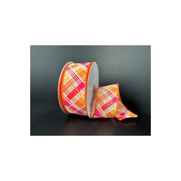 Shop For 1.5" Diagonal Printed Plaid Ribbon: Neon Orange (10 Yards)