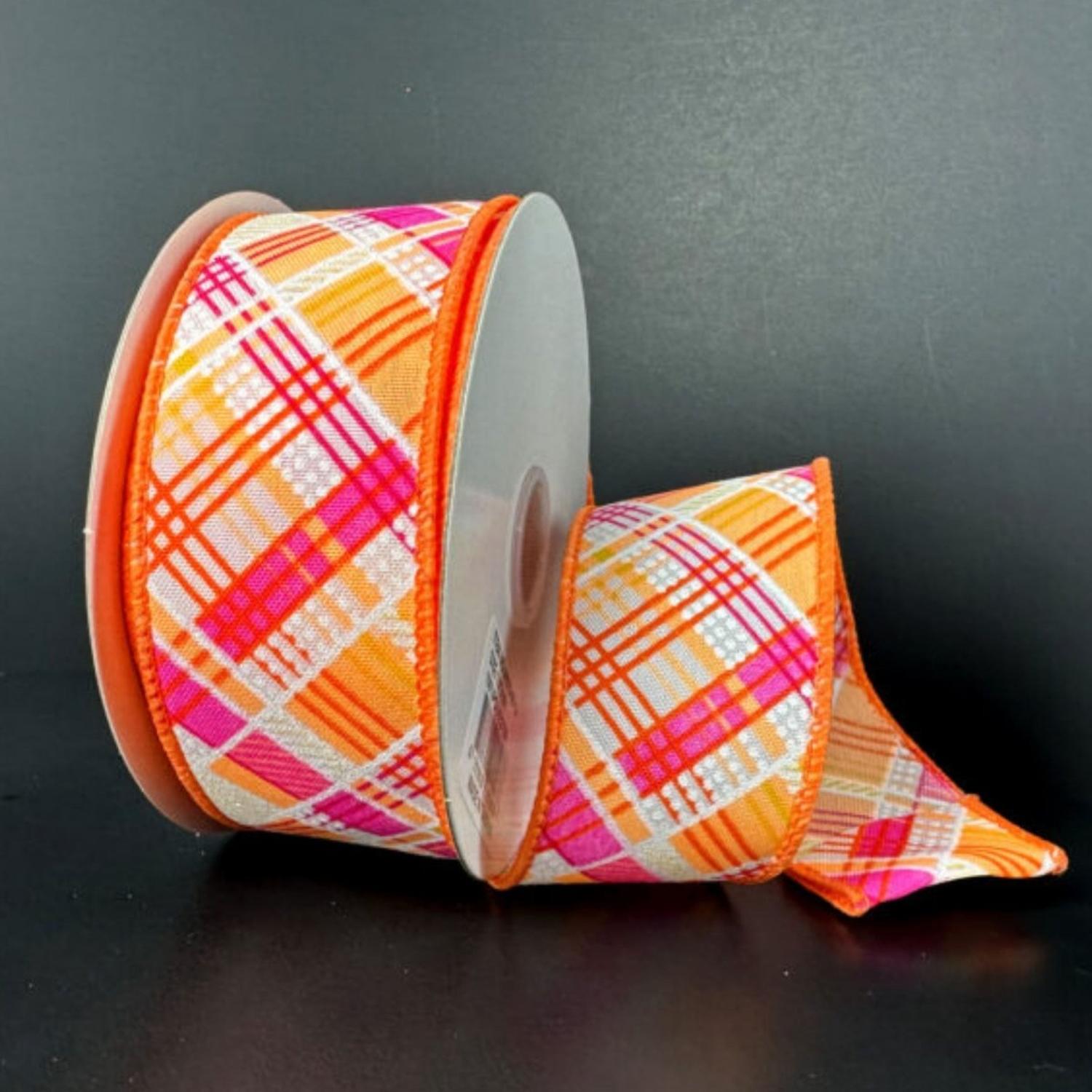 1.5" Diagonal Printed Plaid Ribbon: Neon Orange (10 Yards)
