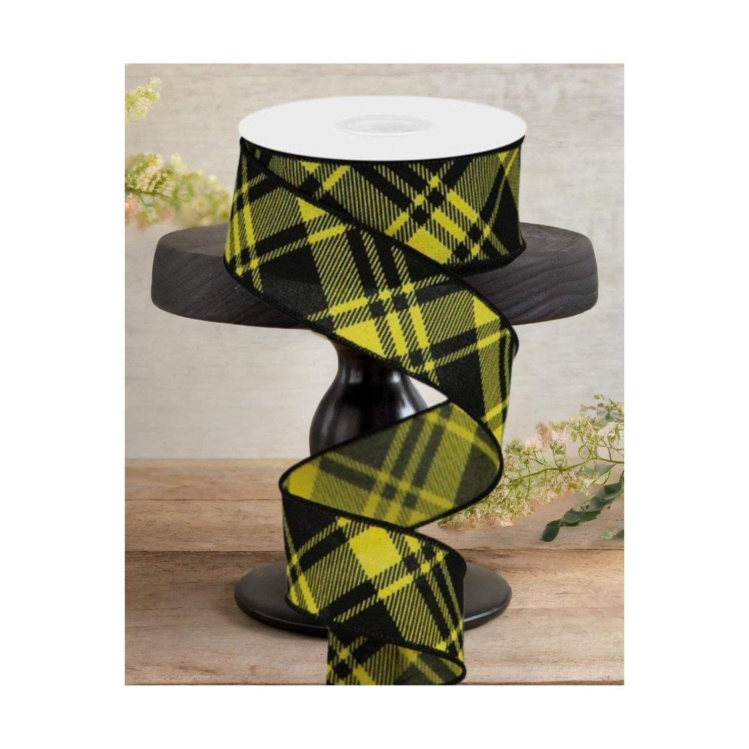 1.5" Diagonal Stripe & Check Ribbon: Yellow (10 Yards)