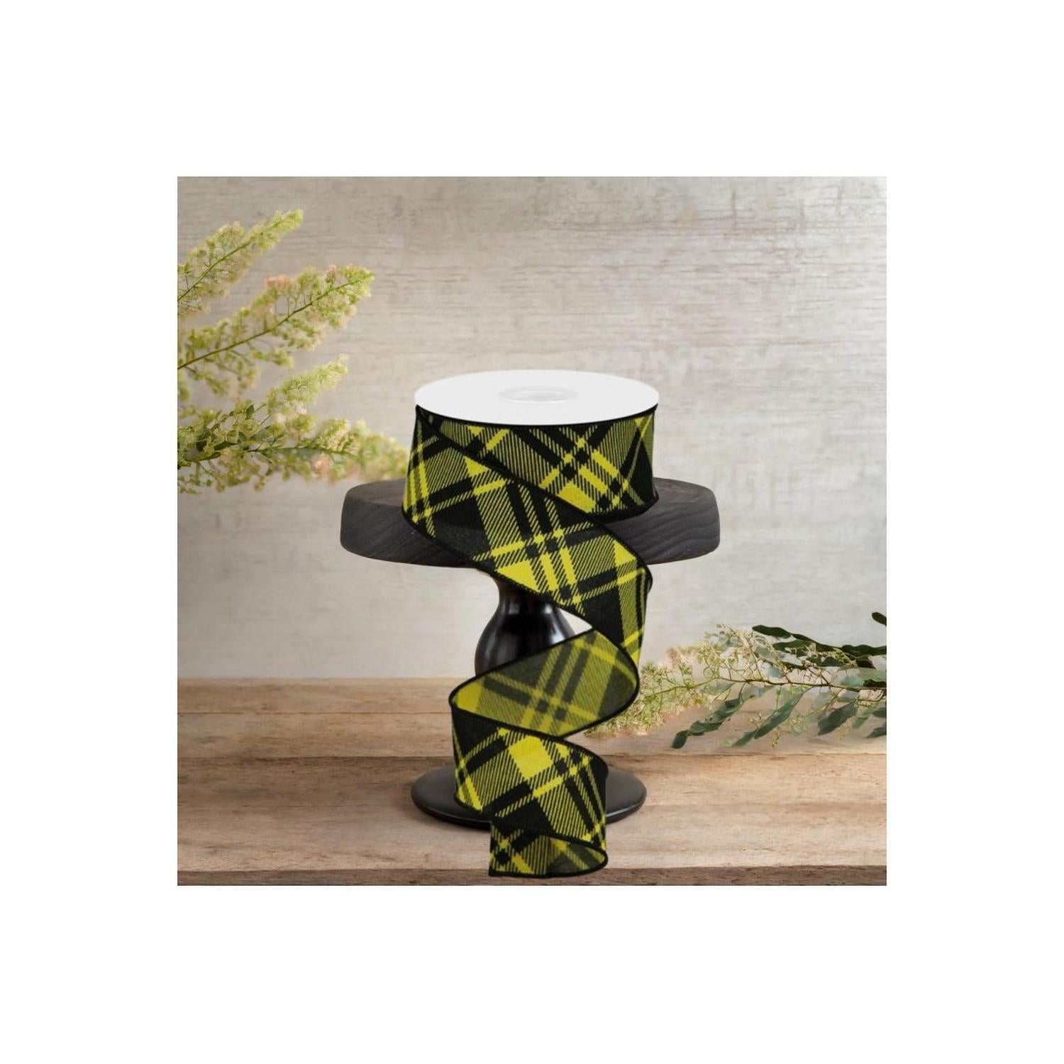 1.5" Diagonal Stripe & Check Ribbon: Yellow (10 Yards)