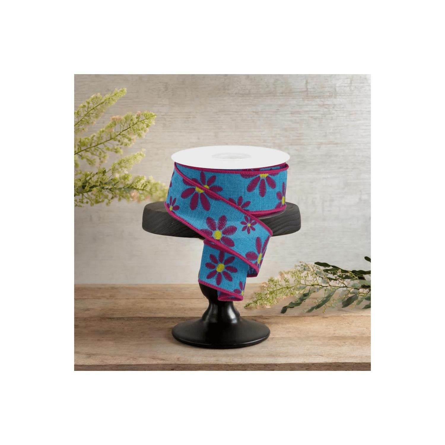 1.5" Embroidered Daisy Ribbon: Light Teal (10 Yards)