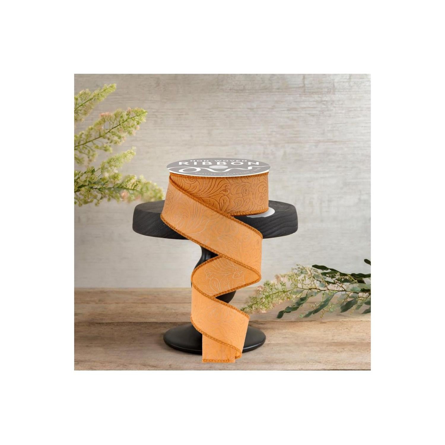 1.5" Flower Embossed Ribbon: Caramel (10 Yards)