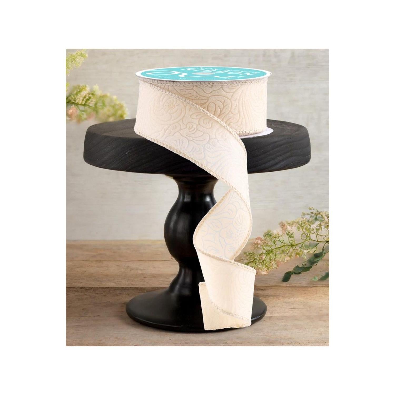 1.5" Flower Embossed Ribbon: Cream (10 Yards)