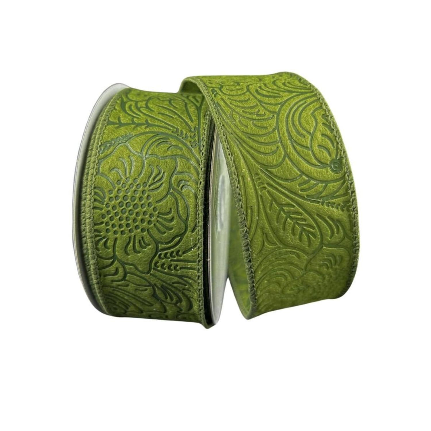 1.5" Flower Embossed Ribbon: Moss Green (10 Yards)