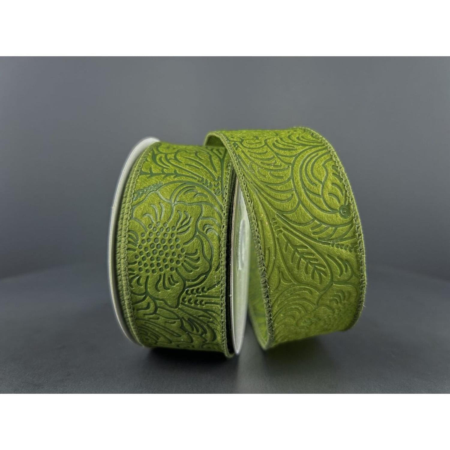1.5" Flower Embossed Ribbon: Moss Green (10 Yards)
