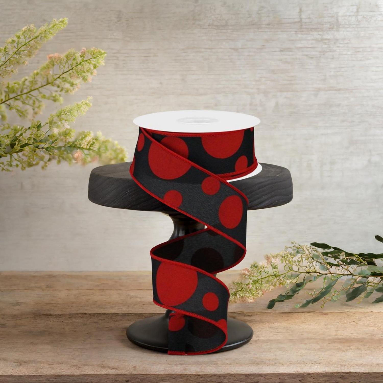 1.5" Giant Three Size Polka Dot Ribbon: Black & Red (10 Yards)