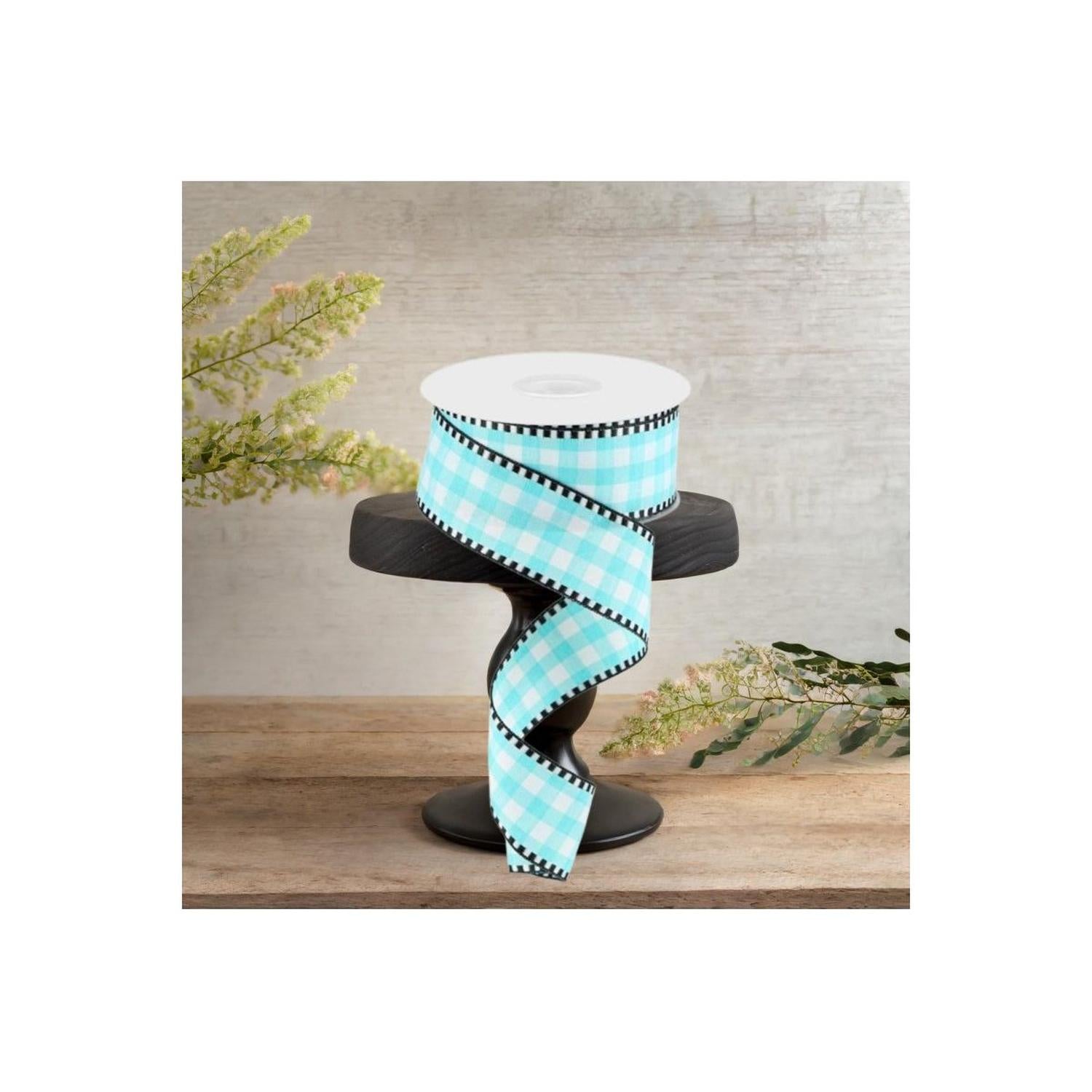1.5" Gingham Check Ribbon: Turquoise/White (10 Yards)