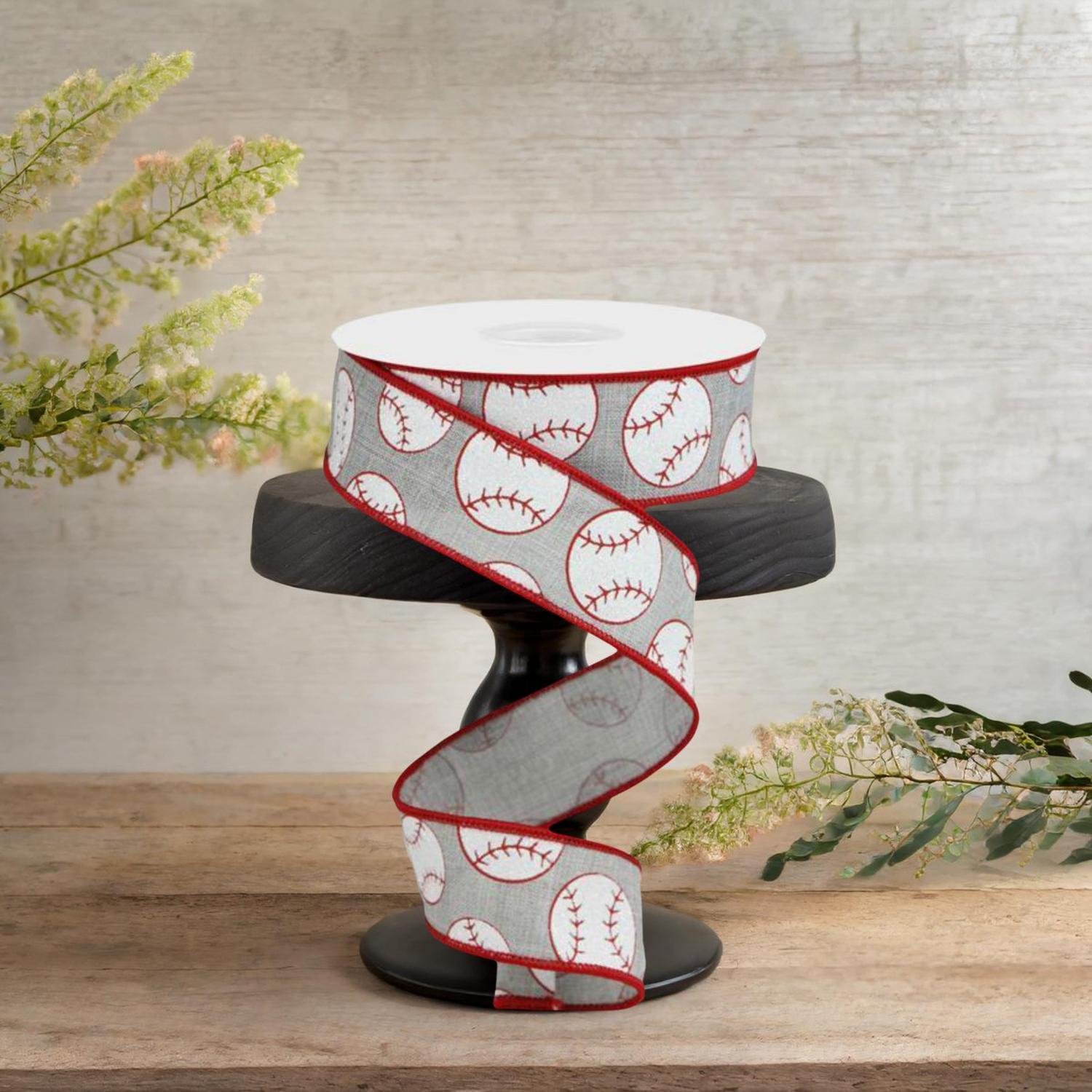 1.5" Glitter Baseball on Royal Ribbon: Gray (10 Yards)