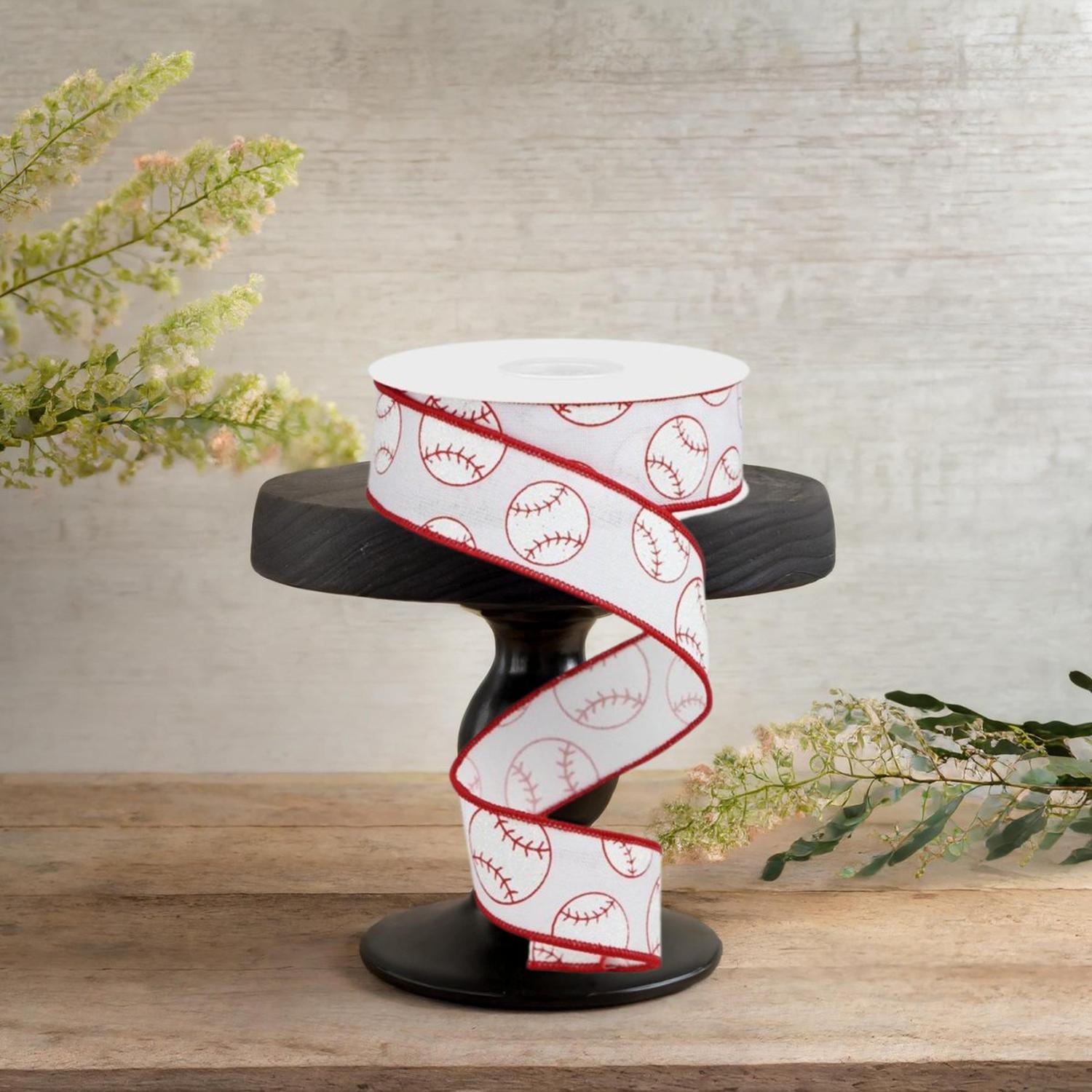 1.5" Glitter Baseball on Royal Ribbon: White (10 Yards)