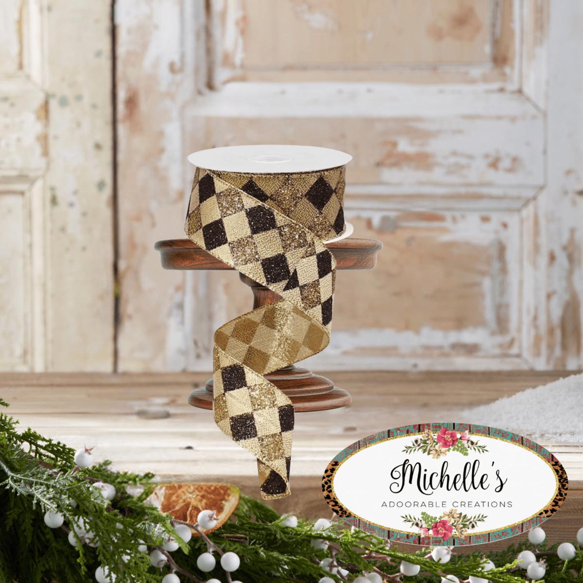 Shop For 1.5" Glitter Diamond Check Ribbon: Black & Gold (10 Yards)