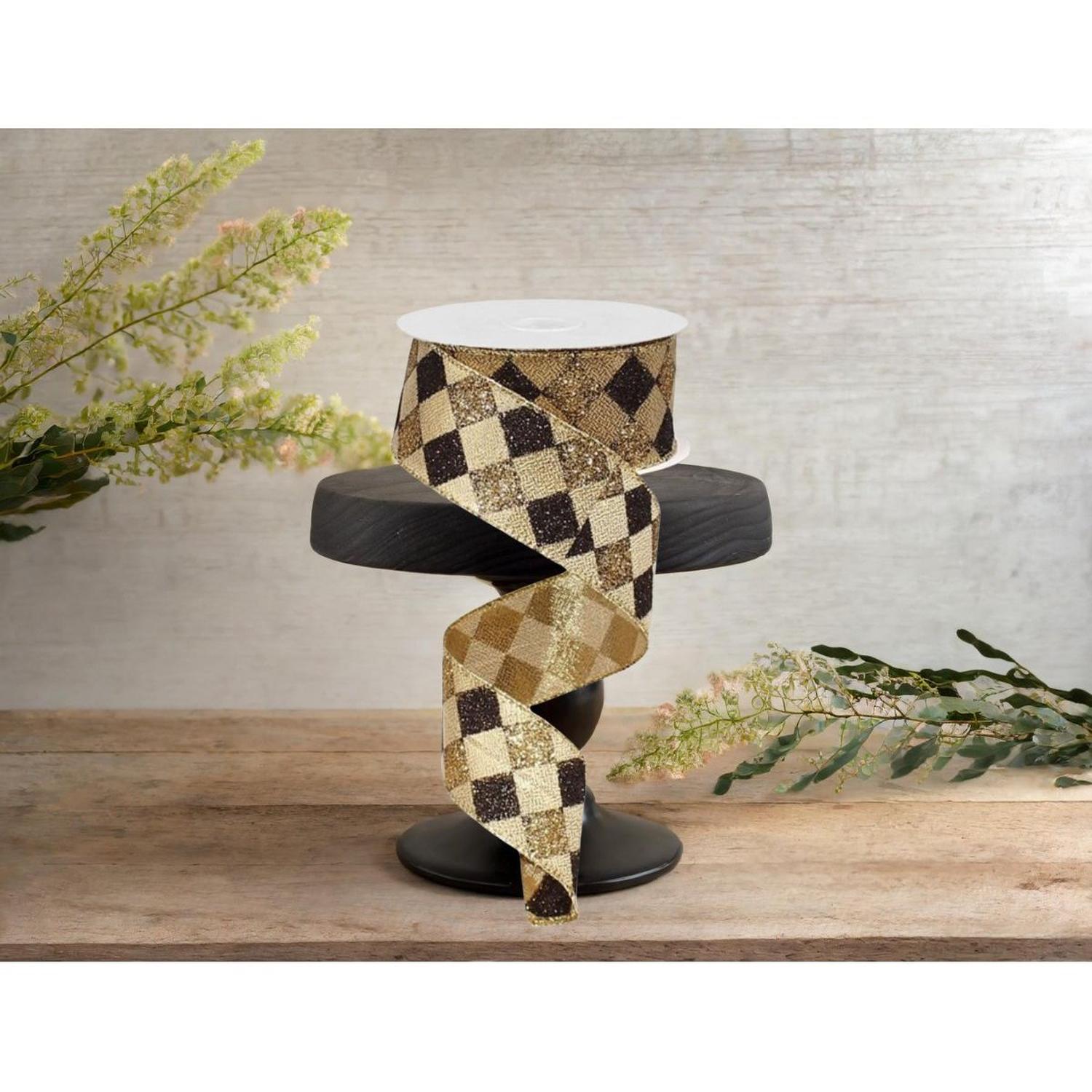 Shop For 1.5" Glitter Diamond Check Ribbon: Black & Gold (10 Yards) at Michelle's aDOORable Creations