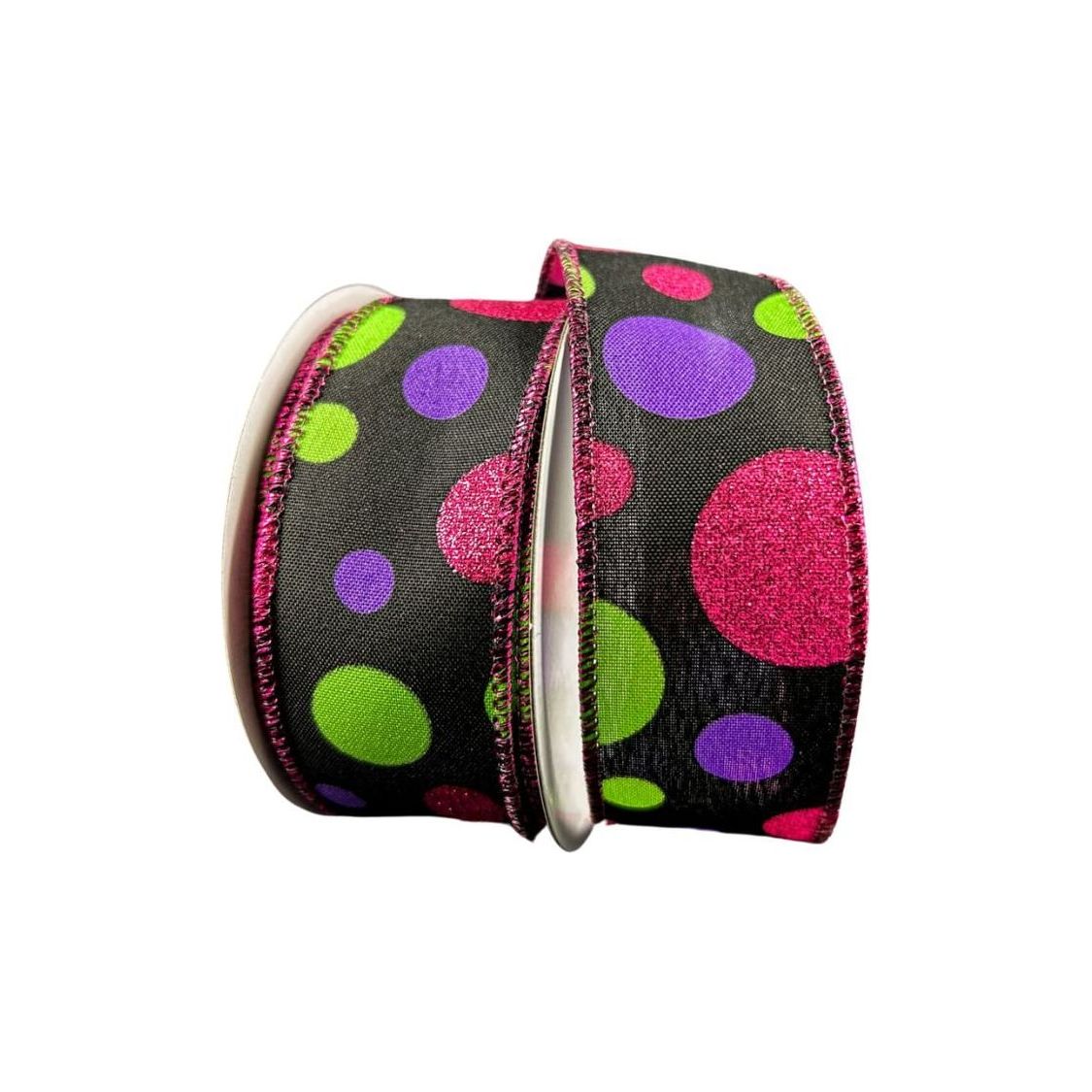 Shop For 1.5" Glitter Dots Black Ribbon: Fuchsia, Lime Green Purple (10 Yards) at Michelle's aDOORable Creations