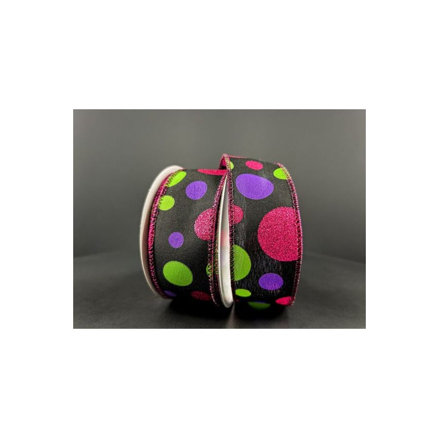 Shop For 1.5" Glitter Dots Black Ribbon: Fuchsia, Lime Green Purple (10 Yards) at Michelle's aDOORable Creations