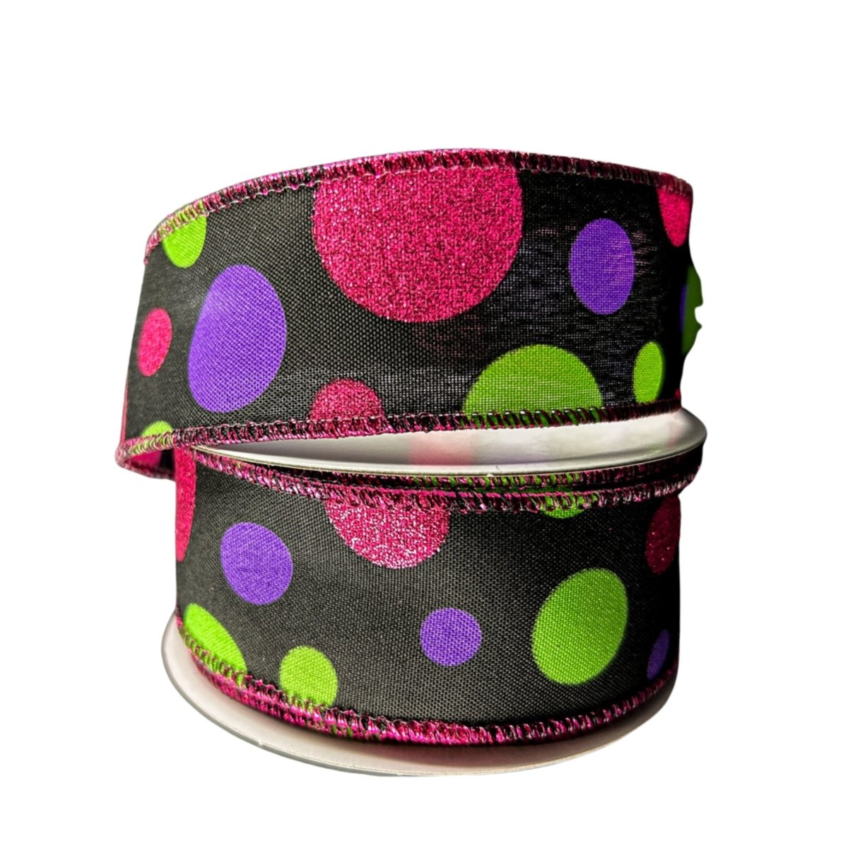 Shop For 1.5" Glitter Dots Black Ribbon: Fuchsia, Lime Green Purple (10 Yards)