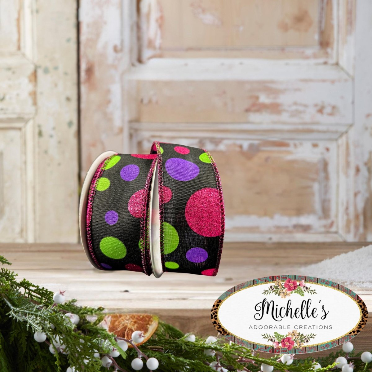 Shop For 1.5" Glitter Dots Black Ribbon: Fuchsia, Lime Green Purple (10 Yards)