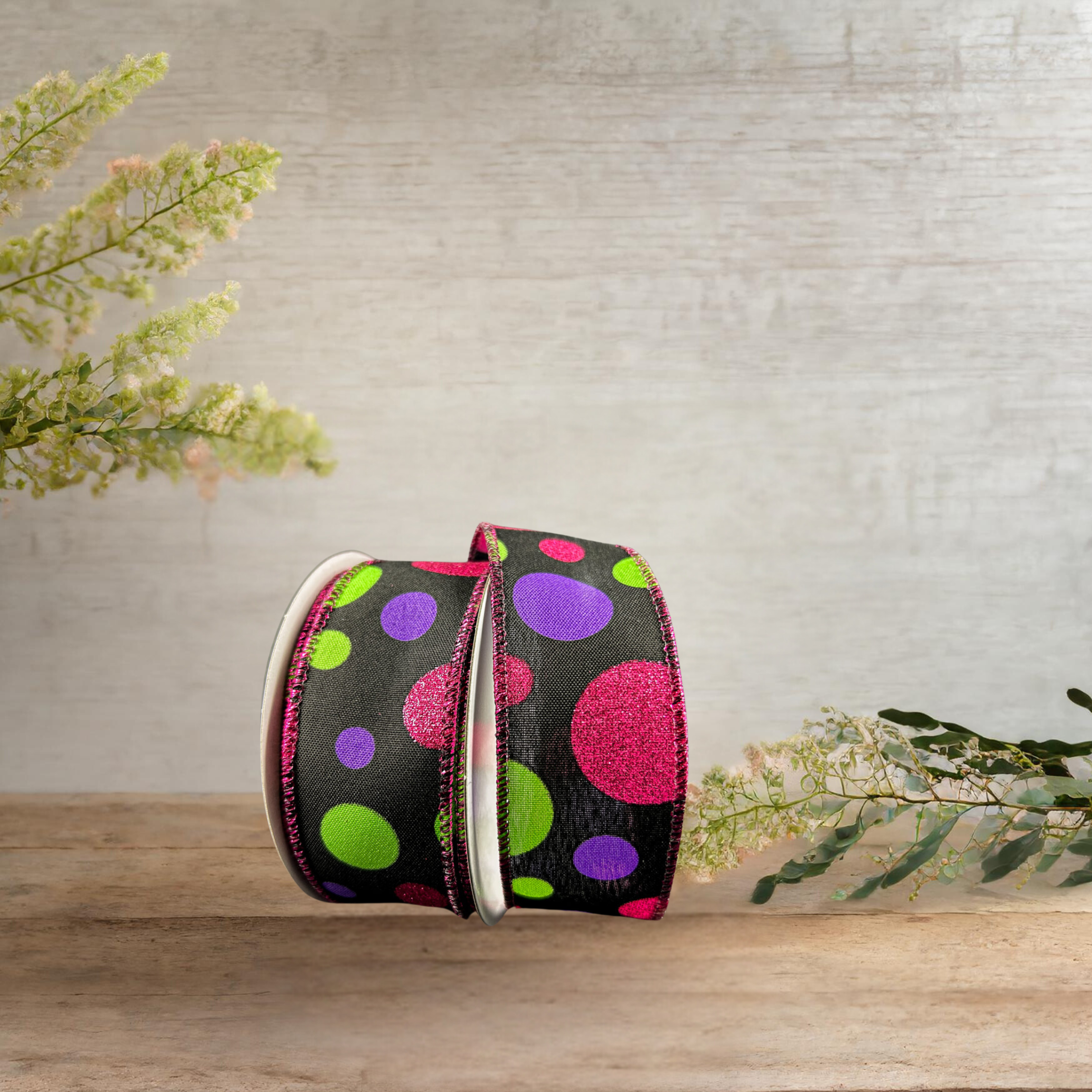 Shop For 1.5" Glitter Dots Black Ribbon: Fuchsia, Lime Green Purple (10 Yards)