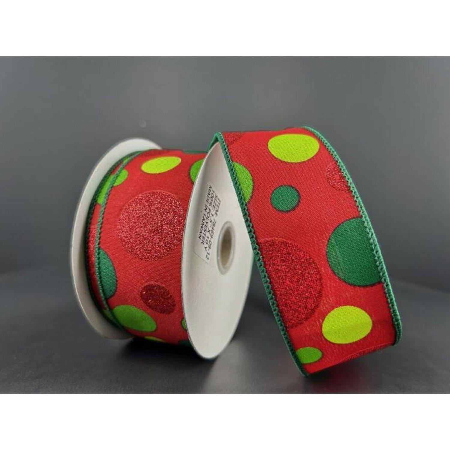 1.5" Glitter Dots Red Ribbon: Green and Lime (10 Yards)