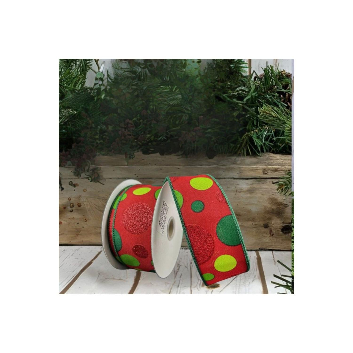 1.5" Glitter Dots Red Ribbon: Green and Lime (10 Yards)