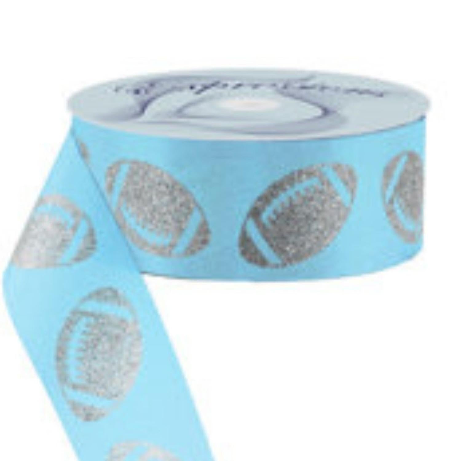 1.5" Glitter Football Ribbon: Columbia Blue/Silver (100 Feet)