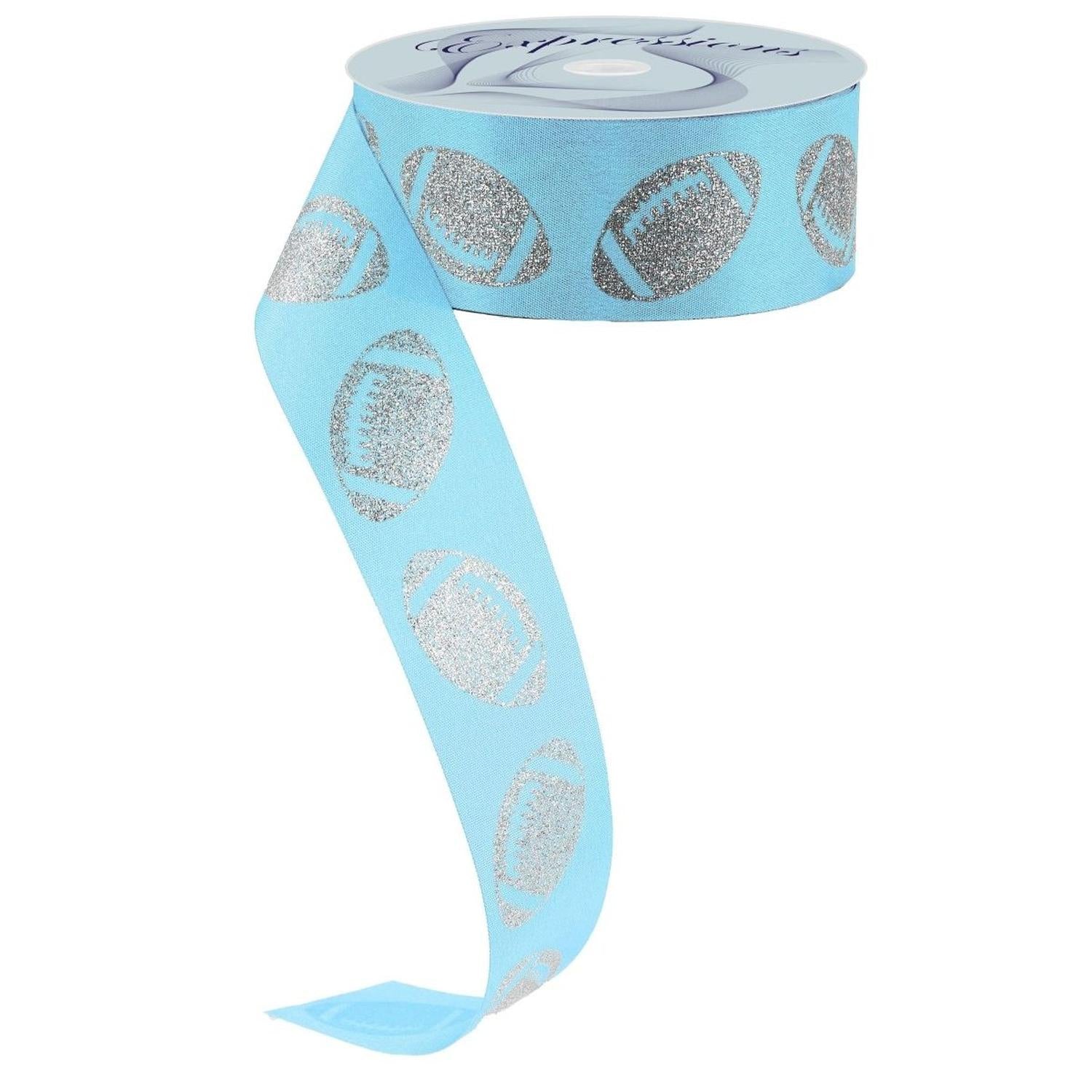 Shop For 1.5" Glitter Football Ribbon: Columbia Blue/Silver (100 Feet)