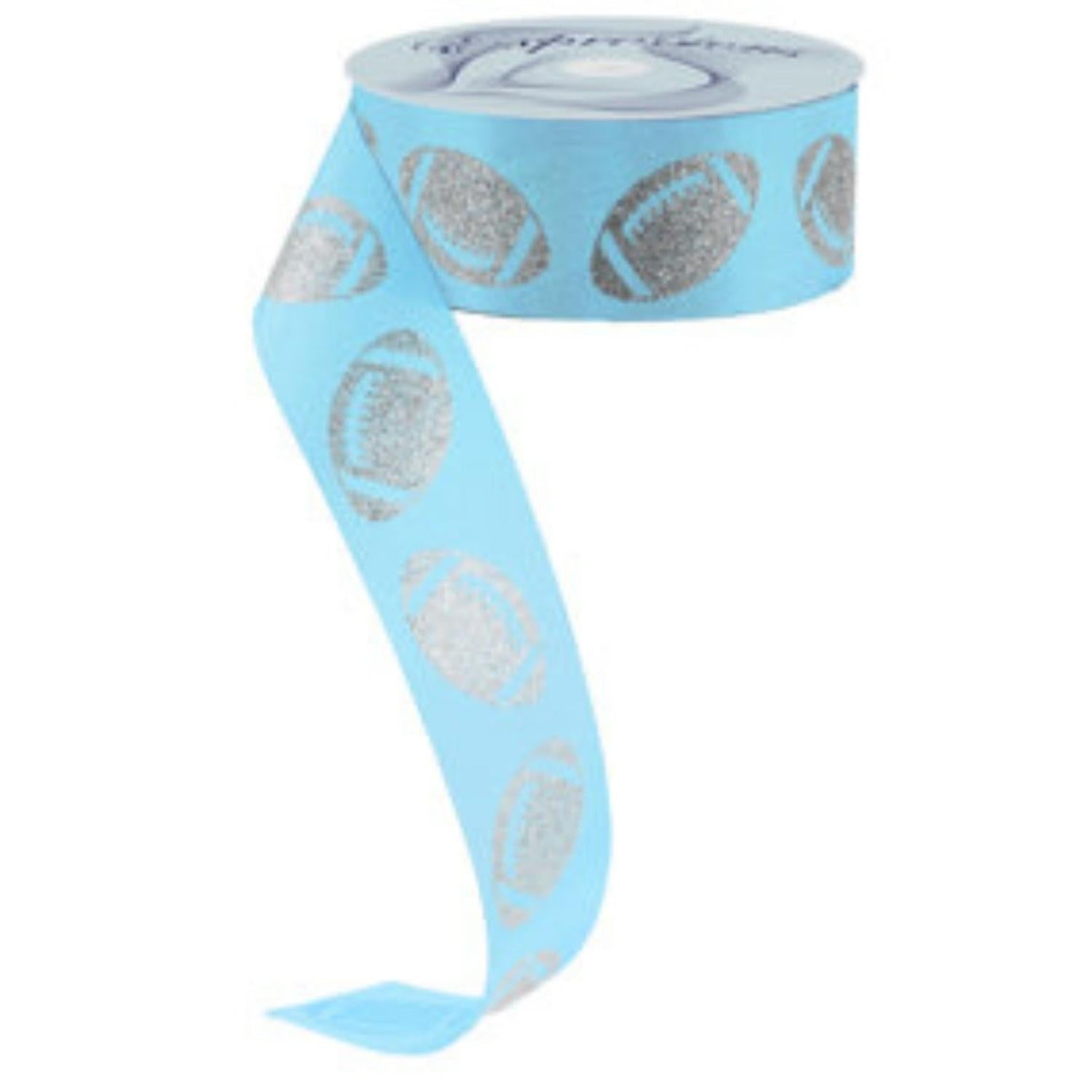 1.5" Glitter Football Ribbon: Columbia Blue/Silver (100 Feet)