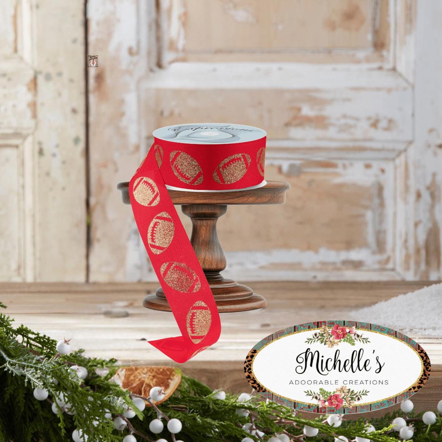 1.5" Glitter Football Ribbon: Red/Gold (100 Feet)